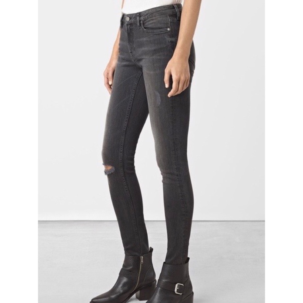 ✨NWT✨ ALLSAINTS Mast "Damaged" Ripped Knee Skinny Jeans Faded Black Sz 26